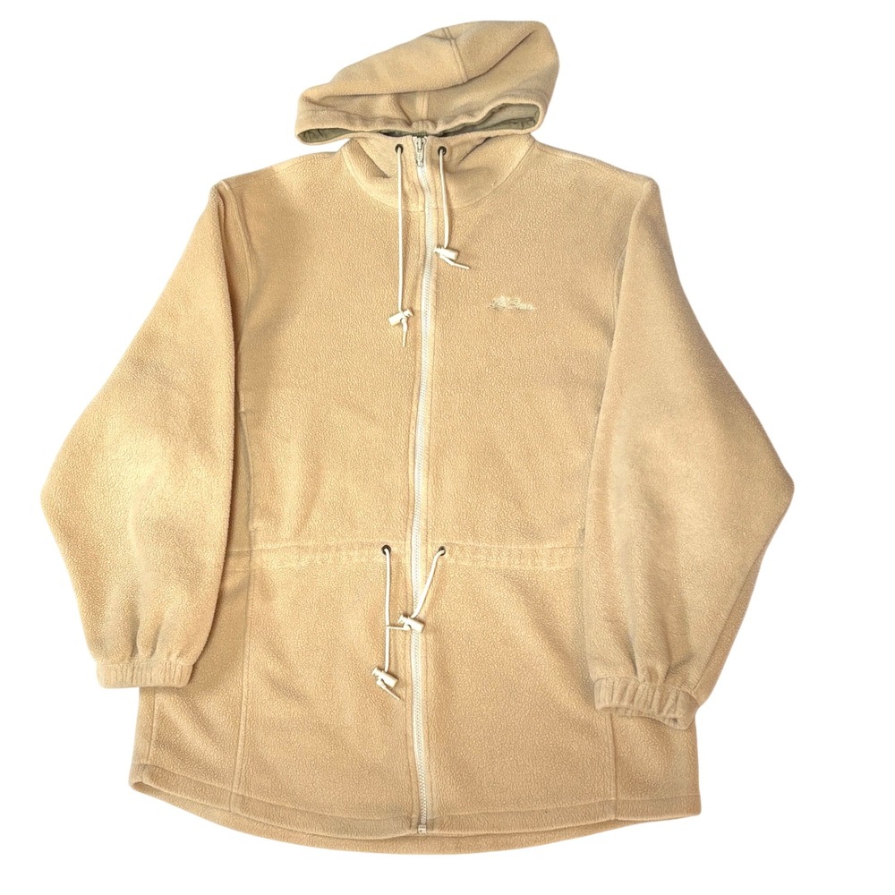 Vtg LL Bean Men Lg Fleece Jacket Full Zip Hooded Beige Casual Outdoor Chore Coat